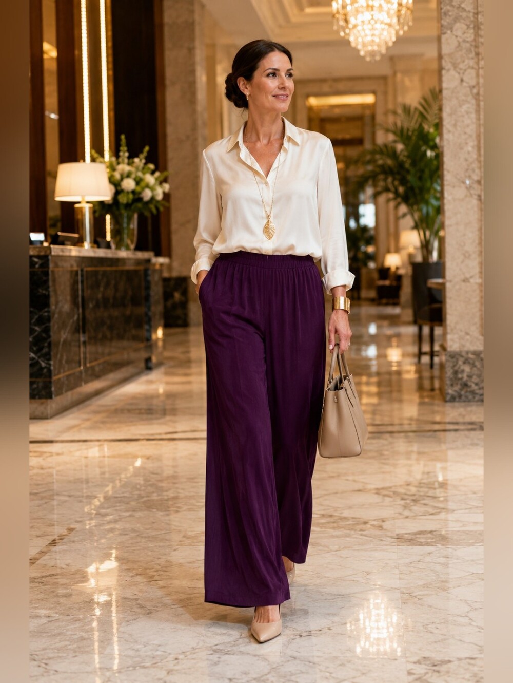 Chico's Travelers Plum Wide Leg Pants Size 2 Pull On Quiet Luxury Resort Wear